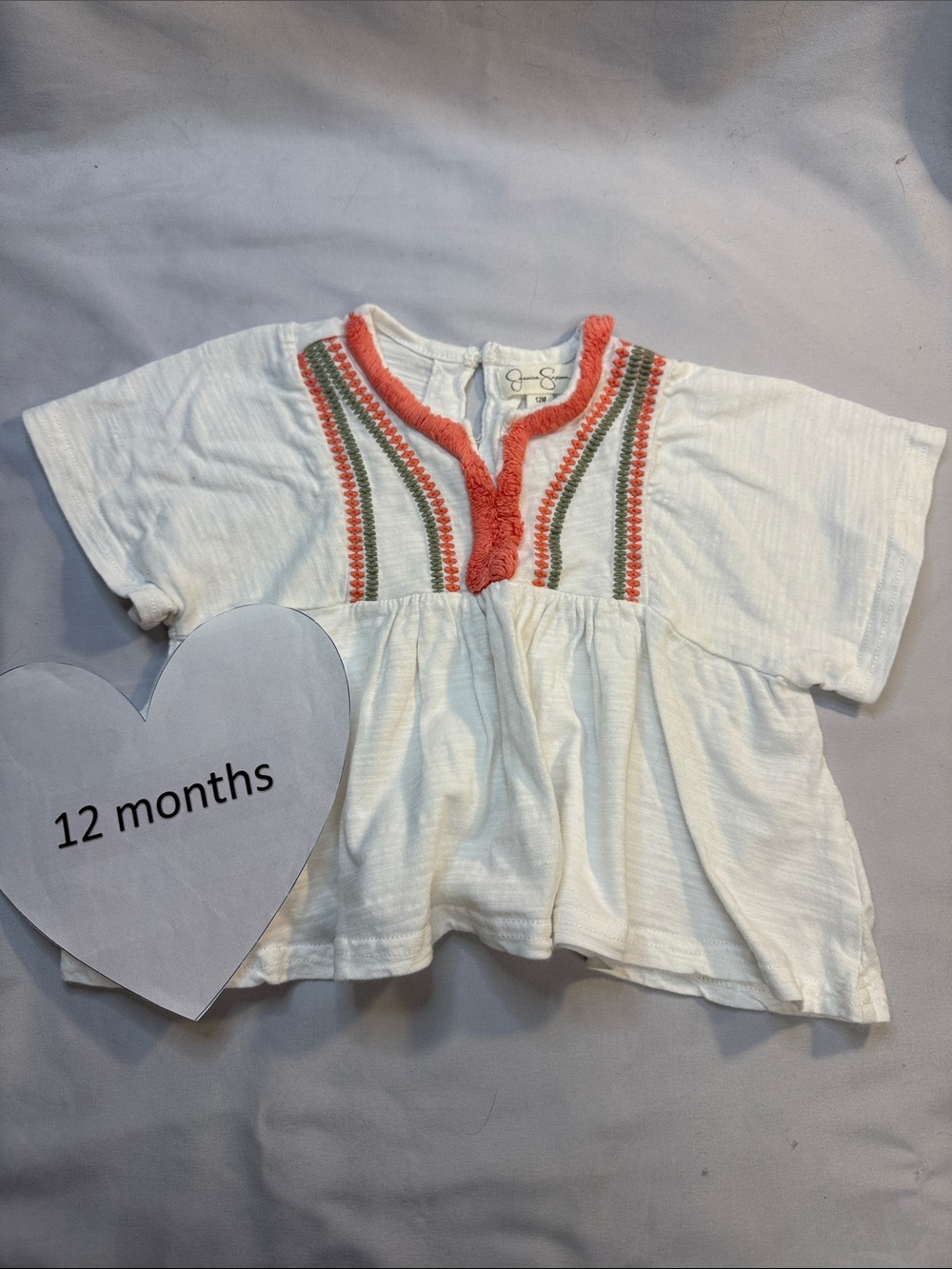 Jessica Simpson White Short-Sleeve Baby Top with Coral & Olive Embroidery